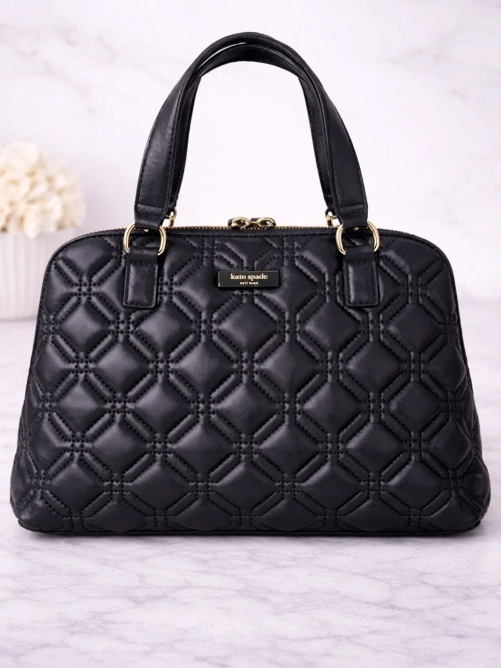 Kate Spade Black Quilted Leather Satchel Bag Gold Hardware Top Handle Purse